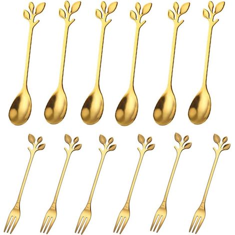 Set di 12 cucchiaini da tè, cucchiaini da tè regalo, mini cucchiaini da caffè, cucchiaini da tè in acciaio inossidabile, cucchiaini da dessert e forchette dorate, per feste, ristoranti, bar, lavabili (1/5)