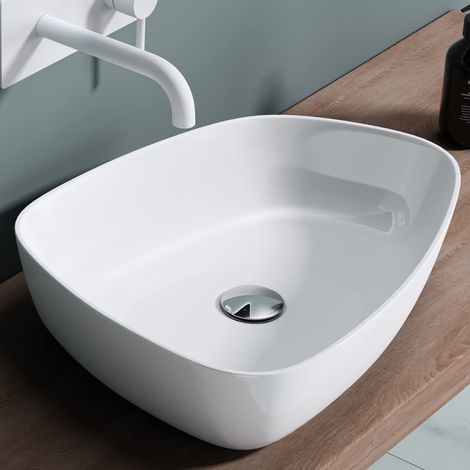 doporro Lavabo da Appoggio Bianco Lucido 51x38x12cm Lavandino Bagno Slim Design Moderno Lavello da Minerale Fuso Colossum806