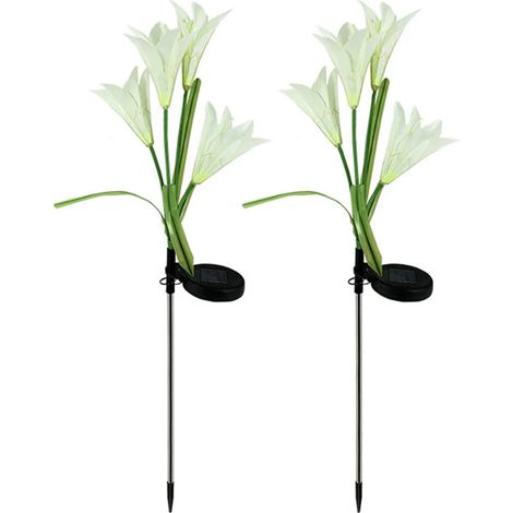 Luces solares para exteriores, flores decorativas, 2 piezas, luces de jardín solares impermeables con 4 flores de lirio, luces de paisaje LED que cambian de color para patio, jardín, terraza, blanco (1/5)