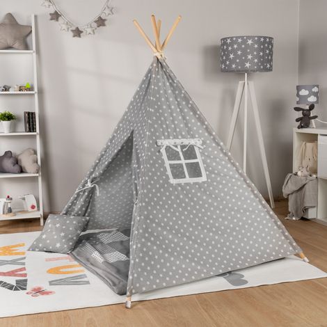 Paco Home Tipi Kinderzelt für Kinderzimmer Zelt Spielzimmer Indoor Stabil Robust Grau, Mit Zubehör