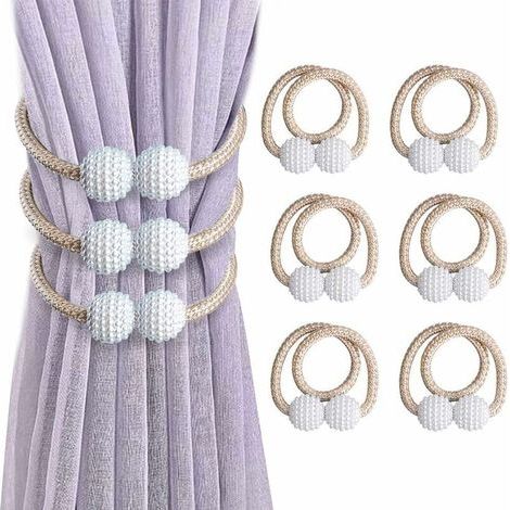 6 Pack Curtain Tiebacks, Magnetic Curtain Holdbacks Faux Pearl Beaded Window Curtain Buckle Clip for Home Office Decoration (Beige)