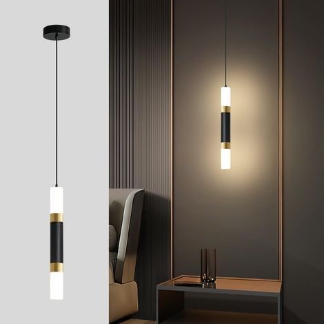 Suspension linéaire à long tube, lampe suspendue noire en forme de flûte, lampes suspendues à bande métallique avec abat-jour en acrylique blanc, lustre LED moderne - 6 W - 3 couleurs (1/5)