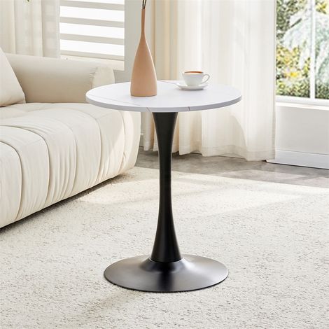 Table à manger ronde - 60x60x72cm - Petite table bistrot rétro en MDF effet veiné blanc et pied tulipe en métal - Noir (1/5)