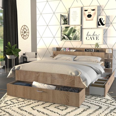 Le Quai Des Affaires – Lit adulte 140x190cm avec tête de lit étagère et 2 tiroirs – Décor chêne blanchi – Dimensions 216x180x80 cm (1/6)