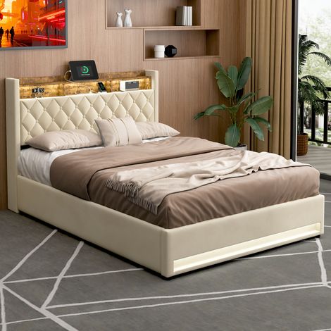 Cama tapizada 160x200 cm con LED RGB, arcón abatible de 32 cm, USB, toma de corriente y estante, terciopelo DESVIAE (1/5)