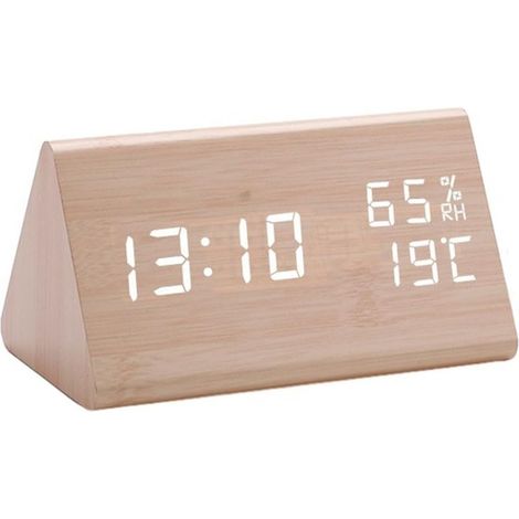 Réveil triangle en bois Réveil numérique en bois avec affichage de la température et de l'humidité - Horloge électronique triangulaire LED beige (1/5)