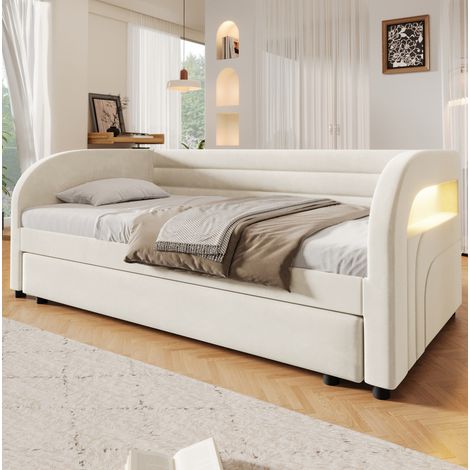 Letto estraibile 90/200 cm beige con LED laterale e rivestimento in flanella (1/5)