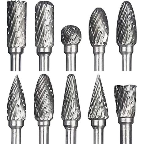 Jeu de Fraises Rotatives Acier Carbure de Tungstène Double Tranchant pour Outil rotatif, OUYLAF, 10 pièces Tige 1/8” pour Bricolage, Sculpture sur bois, Polissage métaux, Gravure, Perçage (1/4)