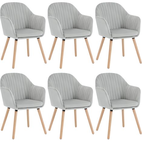 WOLTU Esszimmerstühle 6er Set, Küchenstuhl mit Rückenlehne Armlehne, Wohnzimmerstuhl, Polsterstuhl aus Samt Massivholz, für Esszimmer, Küche, Hellgrau