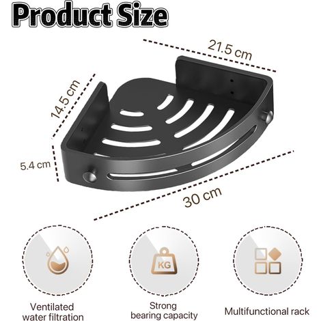 Estante esquinero para ducha sin necesidad de taladrar, estante esquinero de ABS con 2 ganchos, accesorios de baño, para almacenamiento y organización en el baño y la cocina, negro mate.