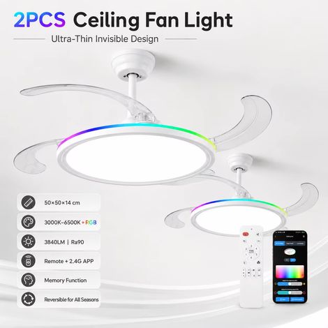 Ventilateur de plafond ultra fin de 50 cm, 2 pièces, lampe de ventilateur RGB CCT à intensité variable, commande par application à distance, pales réversibles (1/5)