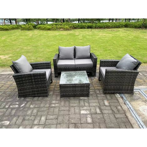 Fimous 4 Seater Dark Grey Mixed High Back Rattan Sofa Set Square Coffee Table Garden Furniture Outdoor Patio (1/5)