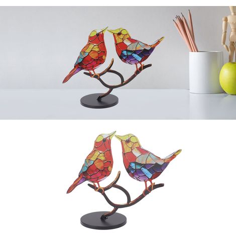Tablette décorative Oiseaux Colorés, un ornement en verre représentant des oiseaux colorés, idéal pour décorer un bureau. Comprend deux oiseaux de la série Oiseaux Colorés recto-verso, en fer forgé. (1/5)