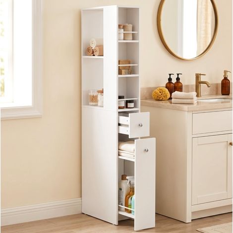 Armario de baño estrecho de pie con 2 cajones, 2 estantes laterales y 3 compartimentos en MDF blanco, 18 x 40 x 135 cm – CHICFURN para aseos pequeños (1/5)