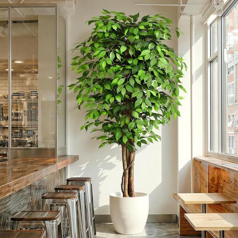 Plantes Artificielles Ficus 210cm avec Tronc en Bois Naturel, Arbre Artificiel avec 1760 Feuilles, Artificielle Interieur pour Salon, Chambre Décoration (1/5)