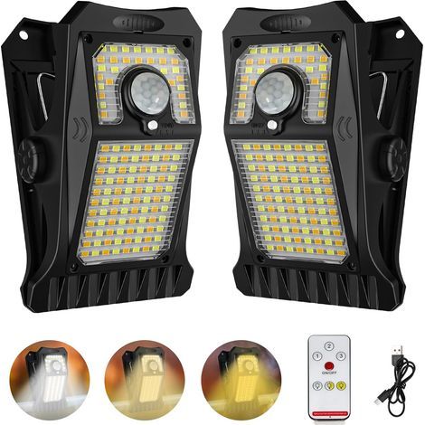 Set mit 2 Solar-Klemmleuchten für den Außenbereich mit Bewegungsmelder, 118 LEDs, 3 Beleuchtungsmodi, 3 Farbtemperaturen, solarbetrieben, USB-Aufladung - (1/5)