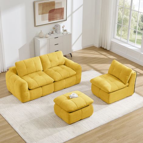 Divano angolare modulare 264x160x68 cm in ciniglia gialla con pouf - MEUBLIV (1/5)