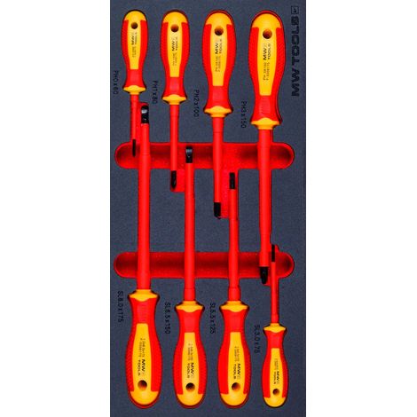Jeu de tournevis isolés Plats et PH EV véhicules électriques 8 pièces module en mousse pour servante d'atelier MW Tools MWESC8FLPH