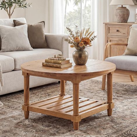Tribesigns Round Coffee Table, Industrial 2-Tier Circle Coffee Table with Storage Shelves, Modern Wooden Accent Center Table Sofa Side Table for Living Room, Wooden Grain and Black (1/5)
