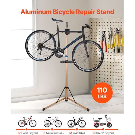 Station réparation vélo pliante, support entretien bicyclette 49,9 kg, trépied aluminium, hauteur 1025-1510 mm, plateau outils, VTT route électrique (1/5)