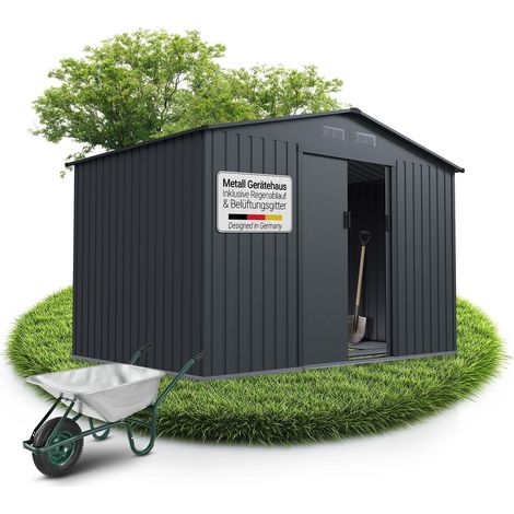 Juskys Metall Geräteschuppen XL – Dunkelgrau, wetterfest mit Fundamentrahmen, Schiebetür & abschließbar - für Garten & Aufbewahrung (1/5)