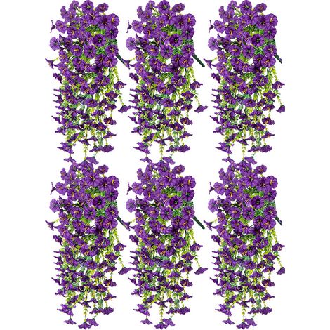 Lot de 6 bouquets de fleurs artificielles suspendues, Ipomée, fleurs artificielles à suspendre au mur, violet (1/4)