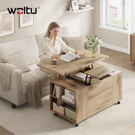 WOLTU Couchtisch höhenverstellbar Beistelltisch mit Rollen Hebeplatte Schublade, Wohnzimmertisch mit offener und versteckter Stauraum, für Wohnzimmer Büro, Helle Eiche