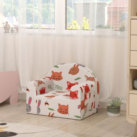Sillón Infantil con Estampado de Zorros Sofá para Niños de 18-36 Meses con Funda Extraíble y Bolsillo 54x40x43 cm Blanco (1/5)