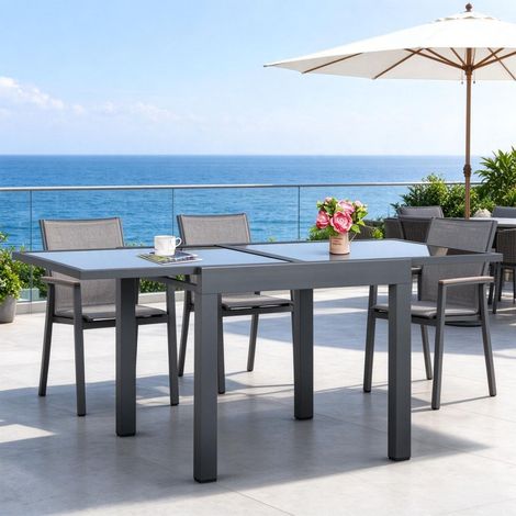 Gartentisch Ausziehbar – Dunkelgraues Aluminiumgestell, Schwarzglas, Garten/Terrasse (1/5)
