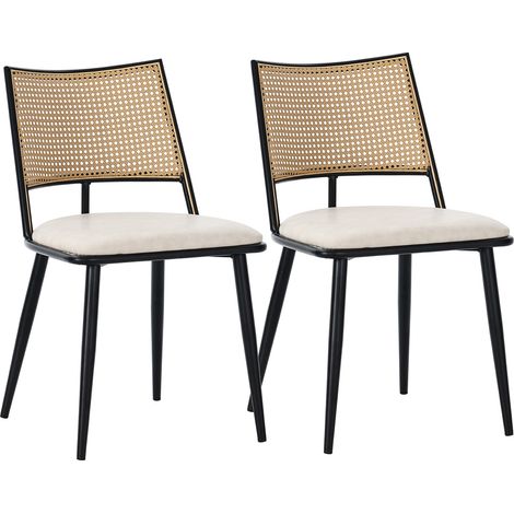 4 sillas de comedor con asiento de PU y respaldo de ratán, negro, estructura metálica, MODENUIT (1/5)