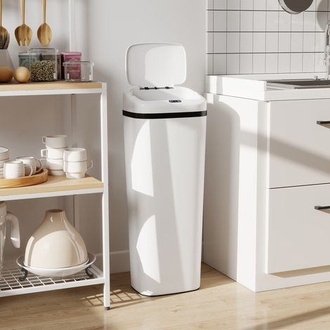 Blanches - Poubelle automatique de cuisine 50 L en acier inoxydable étroit doté de capteur infrarouge mode manuel anti-empreintes