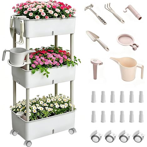 Jardinière surélevée avec roues - Jardinière à 3 étages - En plastique 118,5 x 46,6 x 25,5 cm, étagère, jardinière avec crochet et roulettes, pour balcon, jardin, terrasse (1/5)