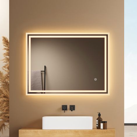 EMKE Design Badezimmerspiegel mit Beleuchtung 60x80cm Lichtspiegel 3 Lichtfarben Dimmbar mit Dual Frost Optik