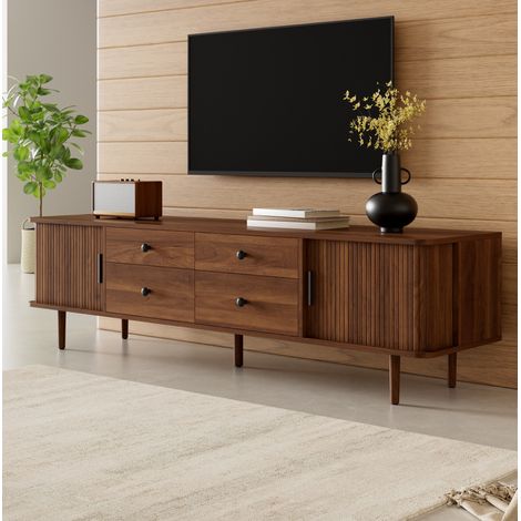 Mueble TV 165 cm con 4 cajones y 2 puertas correderas, gran capacidad de almacenamiento, estructura estable, MDF nogal (1/5)
