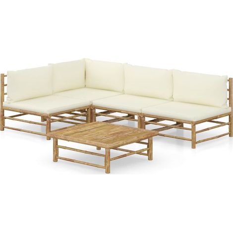 Salon de jardin 5 pcs Ensemble Table et Chaise de Jardin - avec coussins blanc crème Bambou BV192997 - BonneVie (1/5)