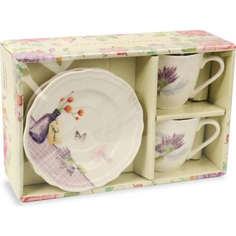 Set composto da 2 tazze e 2 piattini in ceramica con fiori in vaso, confezionato in una scatola regalo. (1/4)