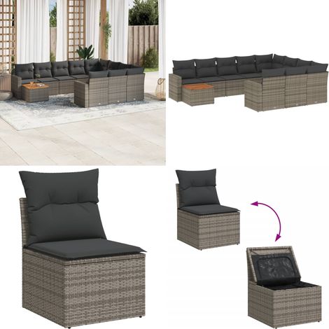 Salon de jardin 11 pcs avec coussins gris résine tressée - Salon De Jardin - Mobilier Extérieur - Set Salon De Jardin - Résine Tressée - Rotin Synthétique - Home & Living