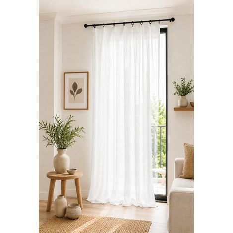 Rideau Ajustable Double Gaze de Coton 140 x 300 cm avec 8 Anneaux Pince GAÏA Blanc – Hauteur Modulable