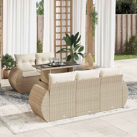 Ensemble Salon Jardin 6 Places Résine Tressée Beige avec Coussins, Table Verre Trempé, Rangement et Housse Lavable (1/4)