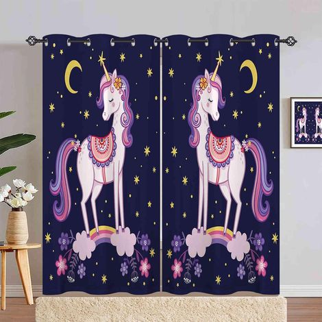 Rideau Occultant Licorne Rainbow Lune Étoiles Rideau Thermique Isolant Draperies Intérieurs Tenture Opaque à Oeillets pour Maison Chambre Salon Fenetre 2 Pièces L 140 x H 240 cm - 140L X 240H cm (2 Pa (1/5)