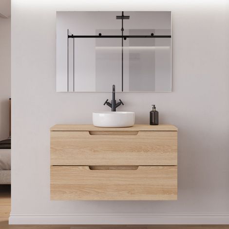 Meuble de salle de bain 100cm avec plateau et vasque à poser ronde - 2 tiroirs - roble era (chêne clair) - SONRIZA (1/5)
