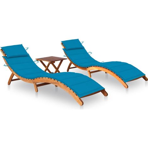 Chaises longues 2 pcs avec table et coussins Acacia solide 7 (1/5)