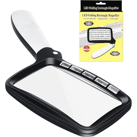 Loupe de Lecture rectangulaire, Loupe de Lecture Lumineuse, 3X Grand Loupes Eclairante avec 5 lumières à LED, 2 Modes d’intensité, pour Les Seniors, Enfants, Les Loisirs, l'artisanat, Les Horlog (1/5)
