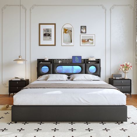 Letto contenitore 140x200 cm - Rete a doghe idraulica e testata reclinabile - Ricarica USB/Type-C - Tessuto di lino - Nero