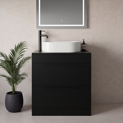 Napoli 460 Matt Black 800mm 2 Drawer Vanity Unit for Countertop Basins - 800mm - Matt Black 480mm Handle