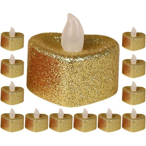 Set mit 24 herzförmigen, flammenlosen LED-Teelichtern, kleinen goldglitzernden Teelichtern, elektronischer Kerzenlampe für romantische Heim- und Eventdekoration (1/5)
