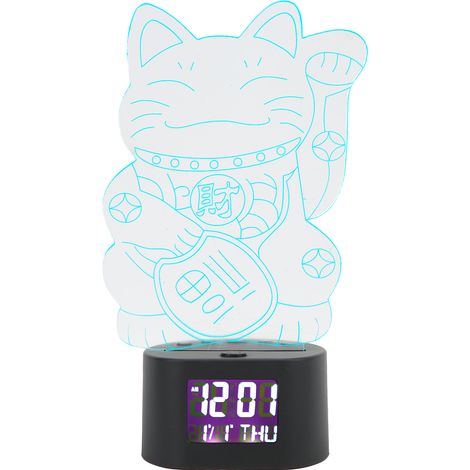 Lampe de nuit 3D chat RGB avec calendrier perpétuel et horloge, alimentation double USB et pile, socle noir, acrylique décoratif cartoon, veilleuse LED multicolore. (1/5)