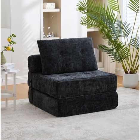 Canapé convertible avec coussins et dossier, en chenille noire, 79x79x57 cm, pour salon ou chambre (1/5)