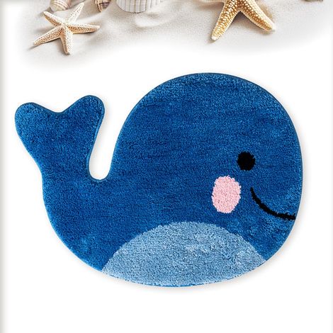 Tapis de bain motif baleines – 47×63 cm, microfibre douce, absorbant, lavable, design ludique (bleu) (1/5)