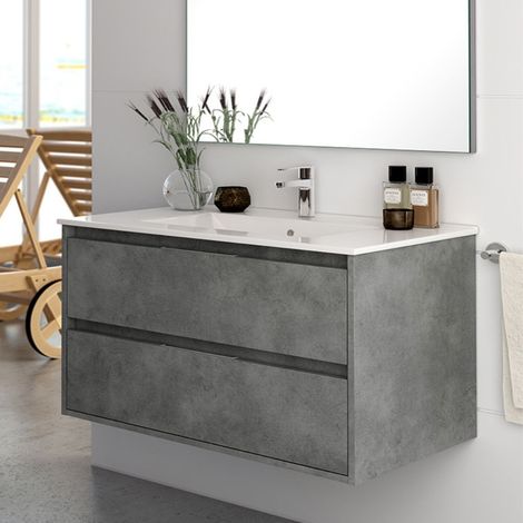 Armoire de toilette murale 2 tiroirs ciment 80x45x48H cm - Konni (1/2)